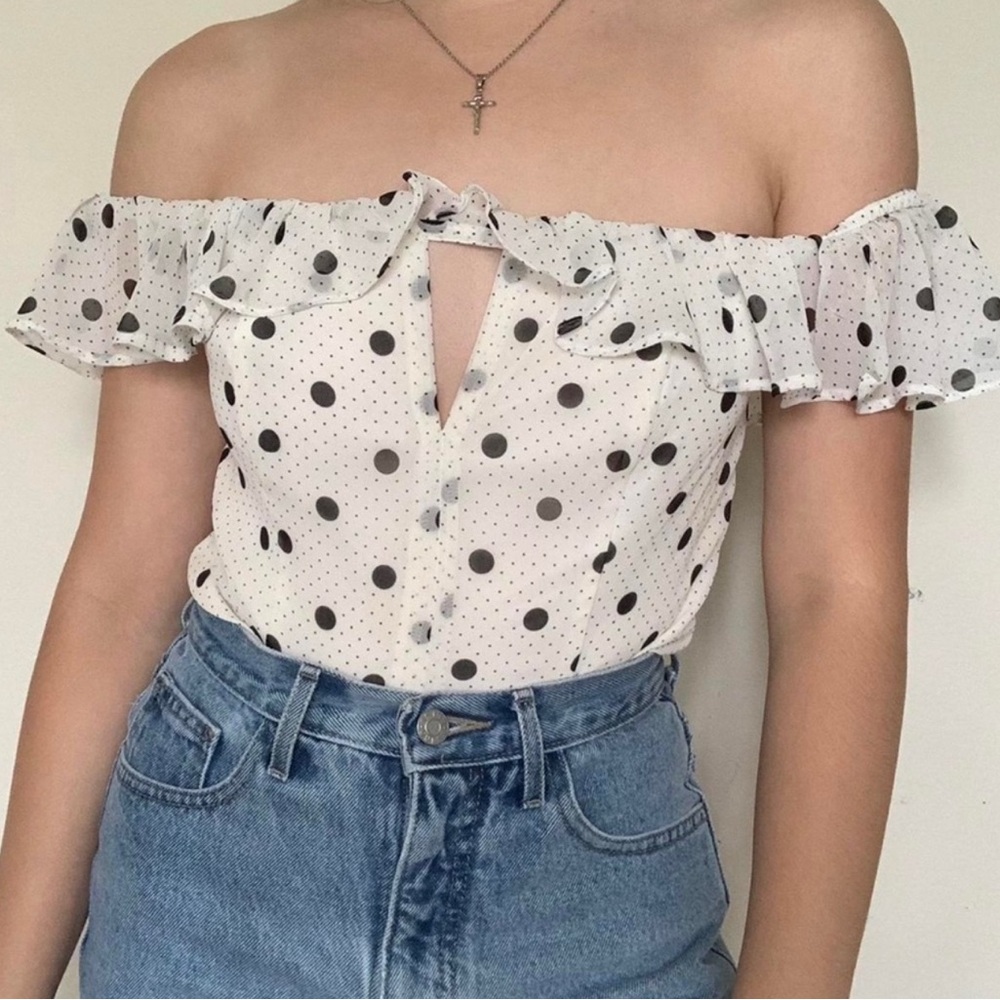Express Polka Dot Off The Shoulder Crop Top Women Size Large Black White Smocked